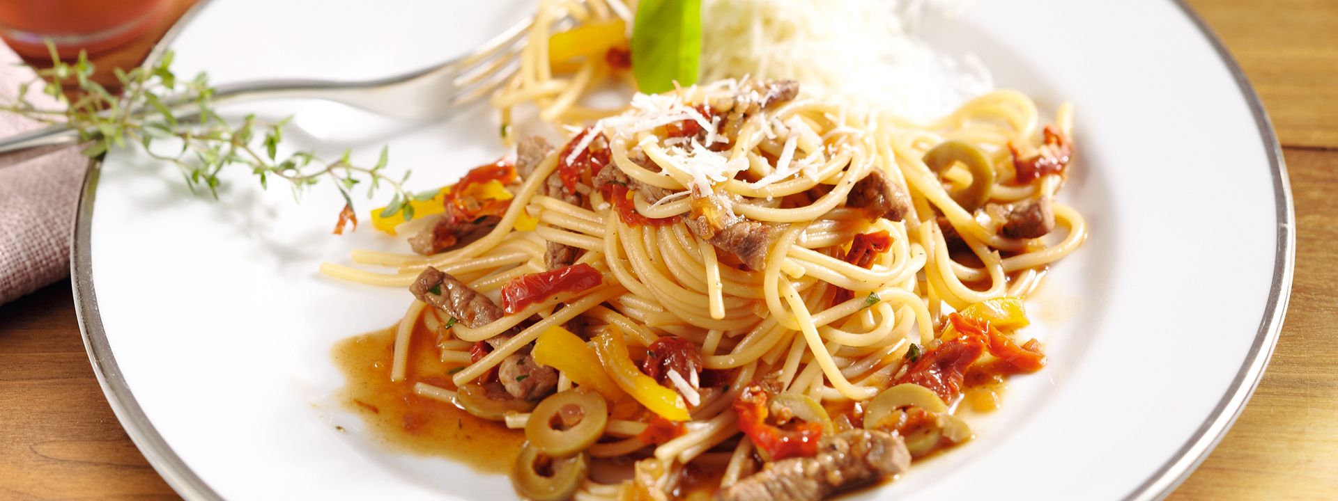 Angerichtes Gericht für das Rezept Spaghetti mit Roastbeef